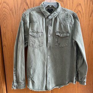 Zara Relaxed Fit Stretch Cotton Green Beige Destroyed Denim Jacket - Men’s XL